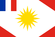 white, French flag canton, red corners, yellow sunburst