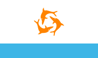 white with a blue stripe on the bottom and a circle of three orange dolphins in the middle