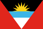 red with a black-blue-white horizontally striped triangle in the middle with a yellow sunrise on it