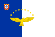 uneven blue-white bands with a coat of arms at top-left and a yellow eagle under an arc of 9 stars