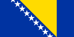 blue with a yellow triangle in the middle with a line of 8 white stars along its diagonal edge