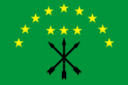 green, three crossed black arrows, 7 yellow stars