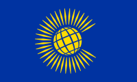 blue with a yellow globe surrounded by rays in the shape of a C