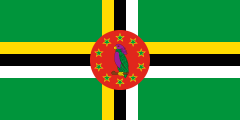 green, yellow-white-black cross, red circle, ring of green stars, purple parrot