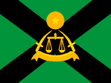green, black saltire, yellow coat of arms