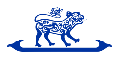 white, blue border, blue caligraphic lion