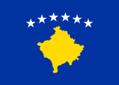 blue, yellow map of Kosovo surmounted, 6 white stars