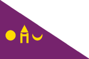 purple triangular pennant, yellow sun moon and building