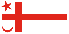 white with a red offset cross with a red star above and a red crescent below
