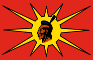 red with a yellow sunburst containing a Mohawk warrior head