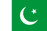 green with a thick white stripe on the left side and a white crescent and star in the middle