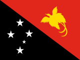 black-red diagonal bicolour with a white southern cross and a yellow bird of paradise