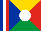 yellow-red-green-blue triangles, white disc, elongated French flag stripe