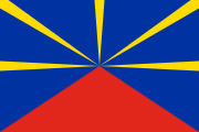 blue, red triangle, 5 thin diagonal yellow rays
