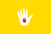 yellow, white hand, red fire