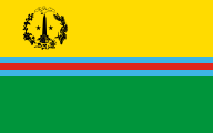 yellow-green, three blue-red-blue stripes, black emblem