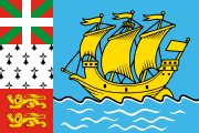 blue with a yellow sailing ship, with the Basque, Breton and Norman arms in panels on the left side