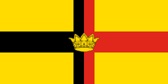 yellow, vertically divided black-red cross, yellow crown