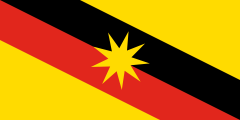 yellow, diagonal black-red stripes, yellow 9-point star