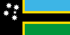black with a white southern cross in top left and blue and green stripes outlined in yellow at right