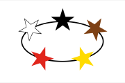 white, black elliptical ring of 5 black-brown-yellow-red-white stars outlined in black
