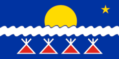 blue with a white wavy line over a yellow circle and four red tents with a yellow star at top right