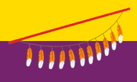 yellow-purple, staff with 11 feathers dangling from it