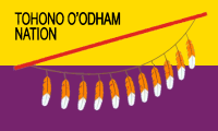 yellow-purple stripes with a feathered bow and "TOHONO OODHAM NATION" written in black at top-left