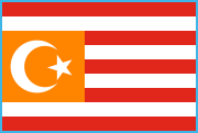 9 red-white stripes, blue border, orange rectangle, white crescent and star