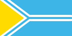 blue, yellow triangle, blue sideways Y outlined in white