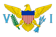 white, American eagle flanked on either side by the blue letters 