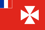 red with a white maltese cross and a French flag outlined in white at top-left